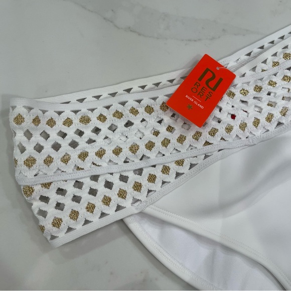 NWT RU Resort White Cut Out Bikini Bottom with Gold Accents - Picture 2 of 15